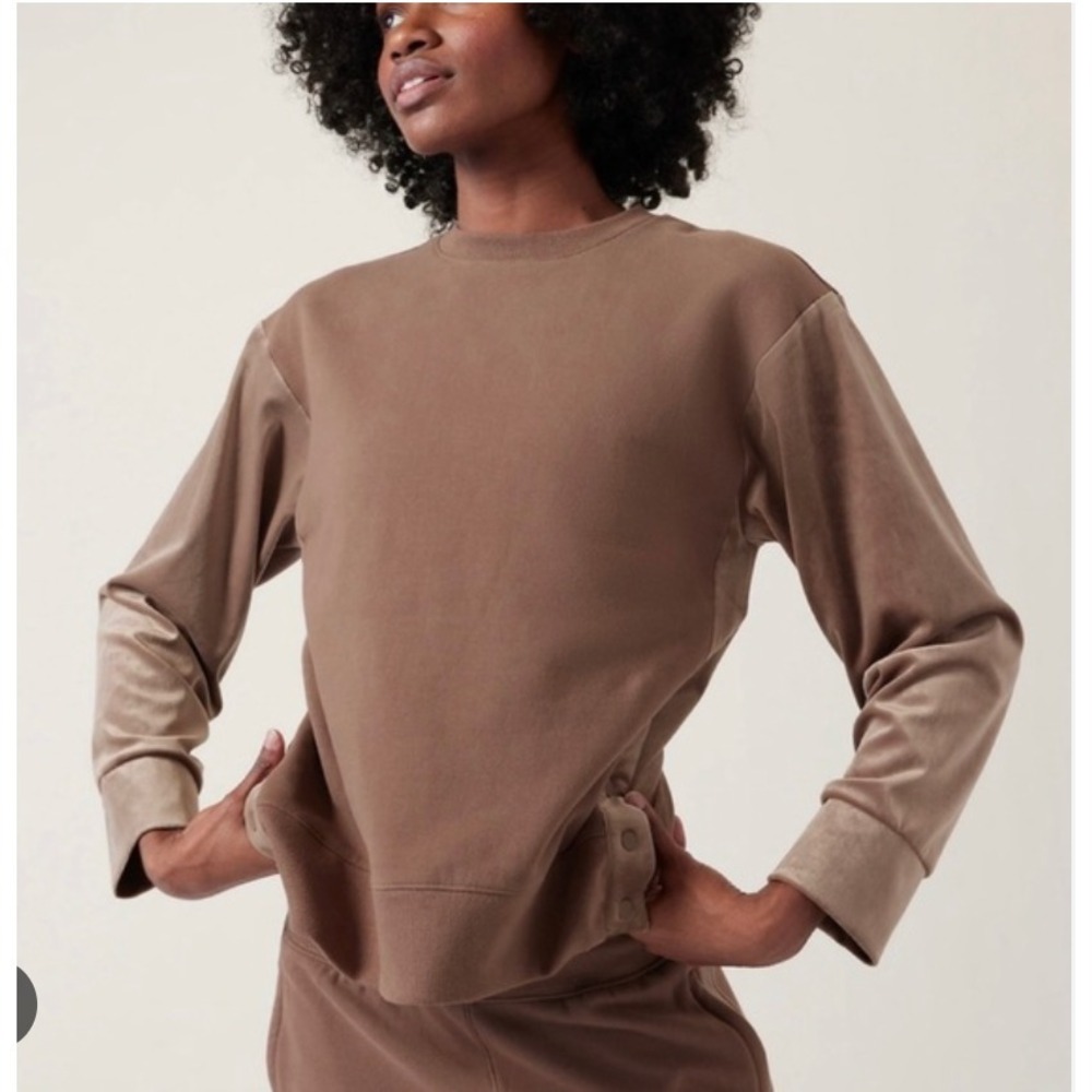Athleta Retroplush Velvet Crewneck Sweatshirt Sweater Sz 1X Brown Mixed Fabric